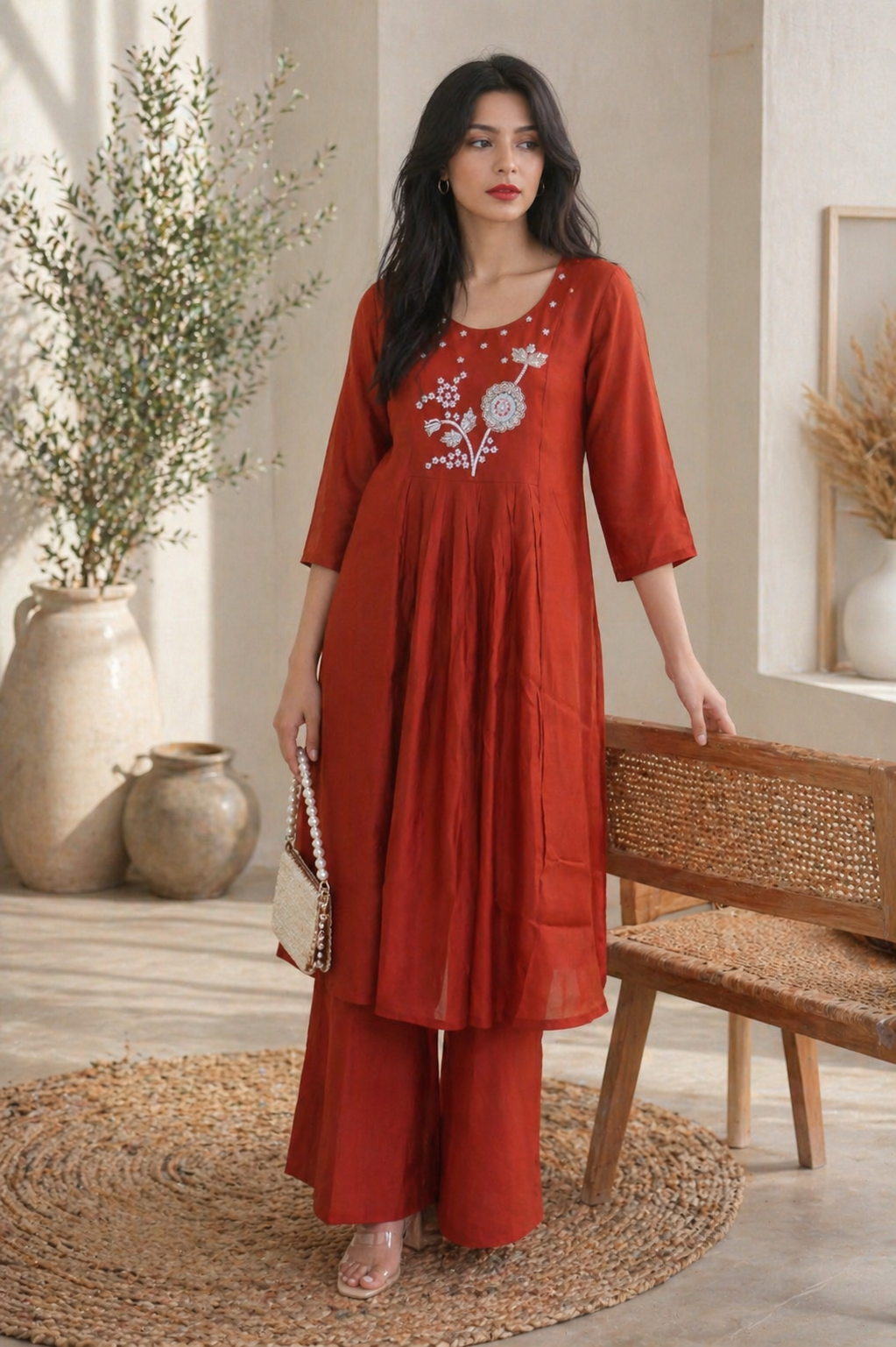 Rust Bloom Beaded Kurta Set
