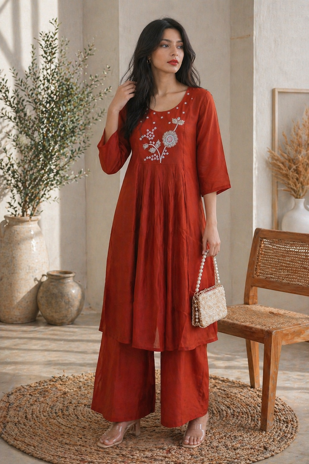 Rust Bloom Beaded Kurta Set