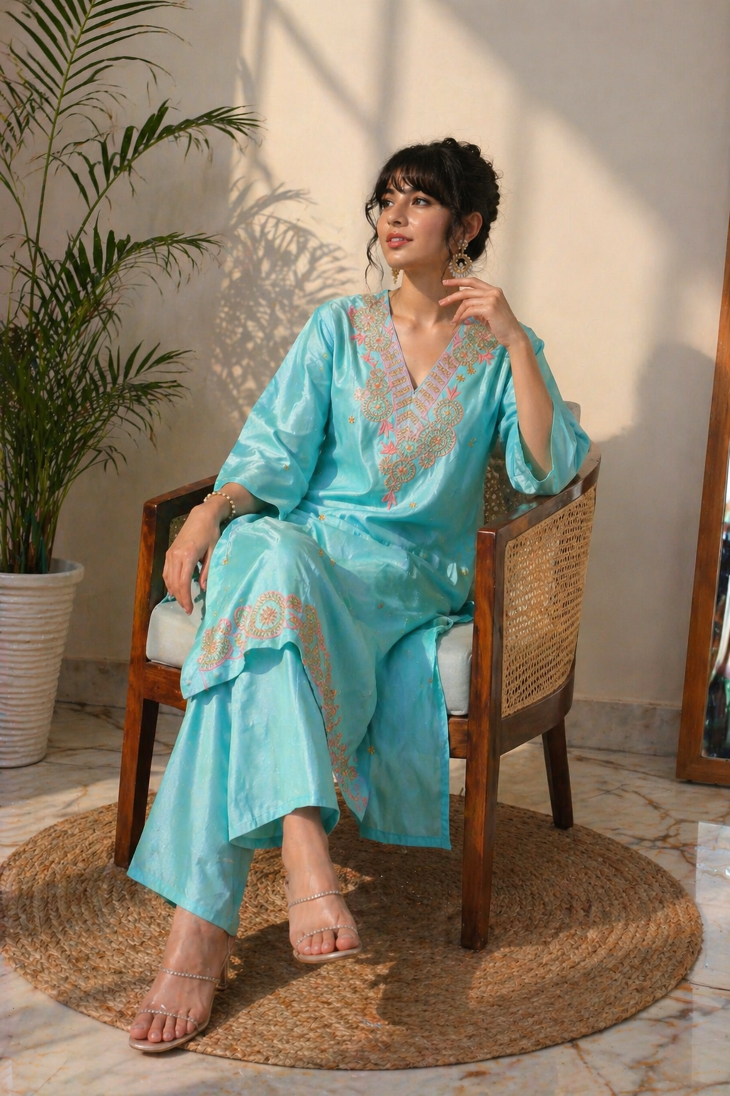 Aqua Beadwork Kurta Set
