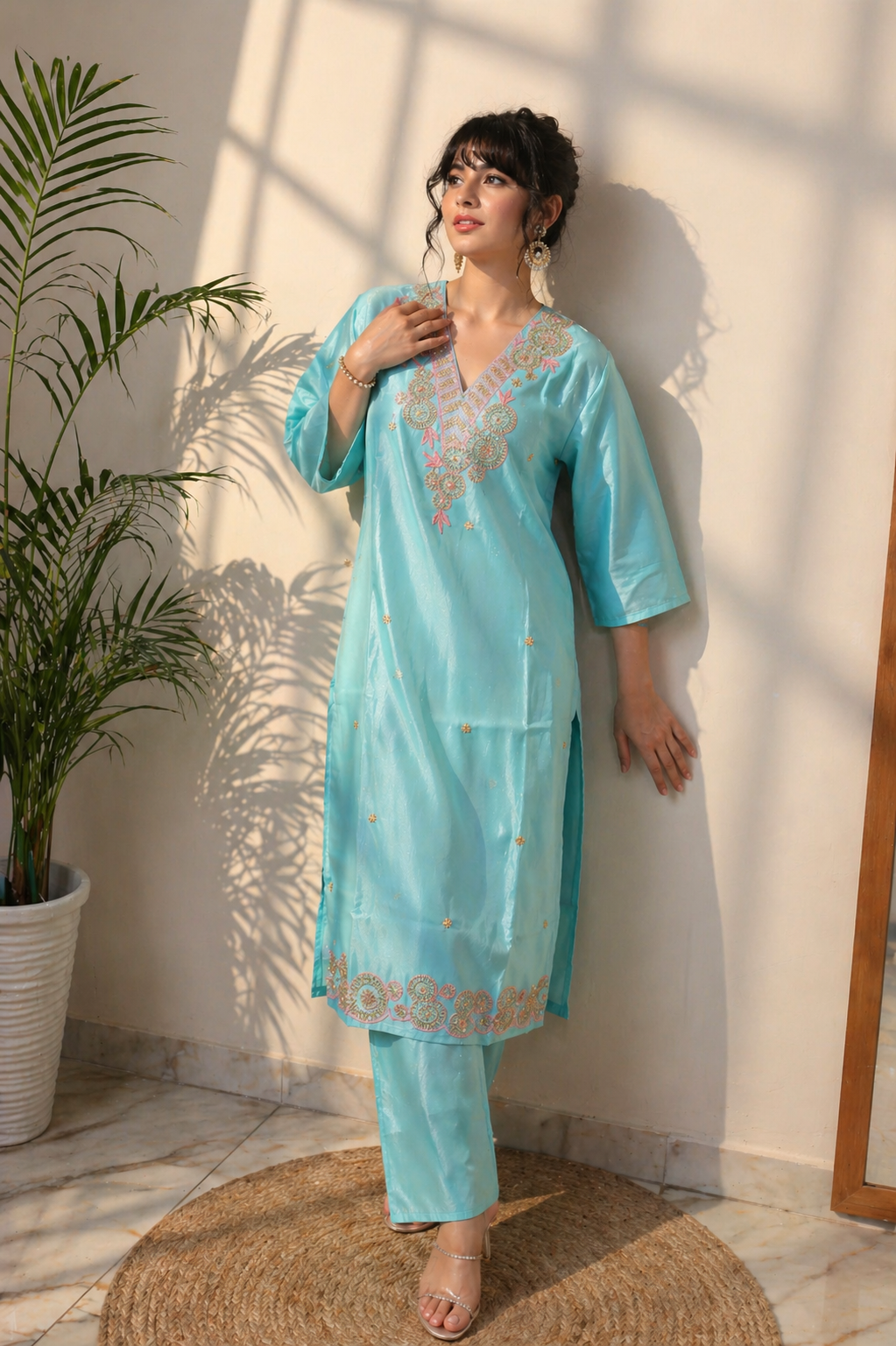 Aqua Beadwork Kurta Set