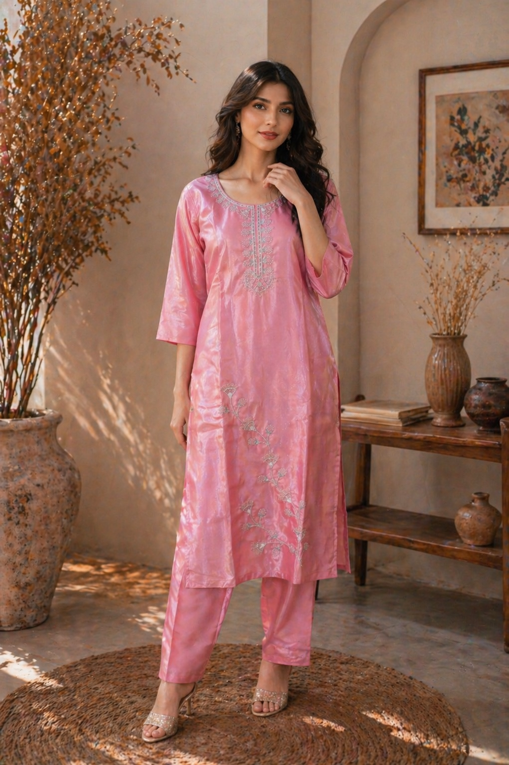 Blush Pink Embroidered Silk Kurta Set