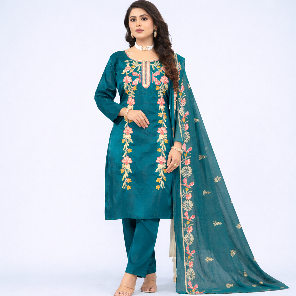 Emerald Floral Grace Embroidered Kurta Set with Dupatta