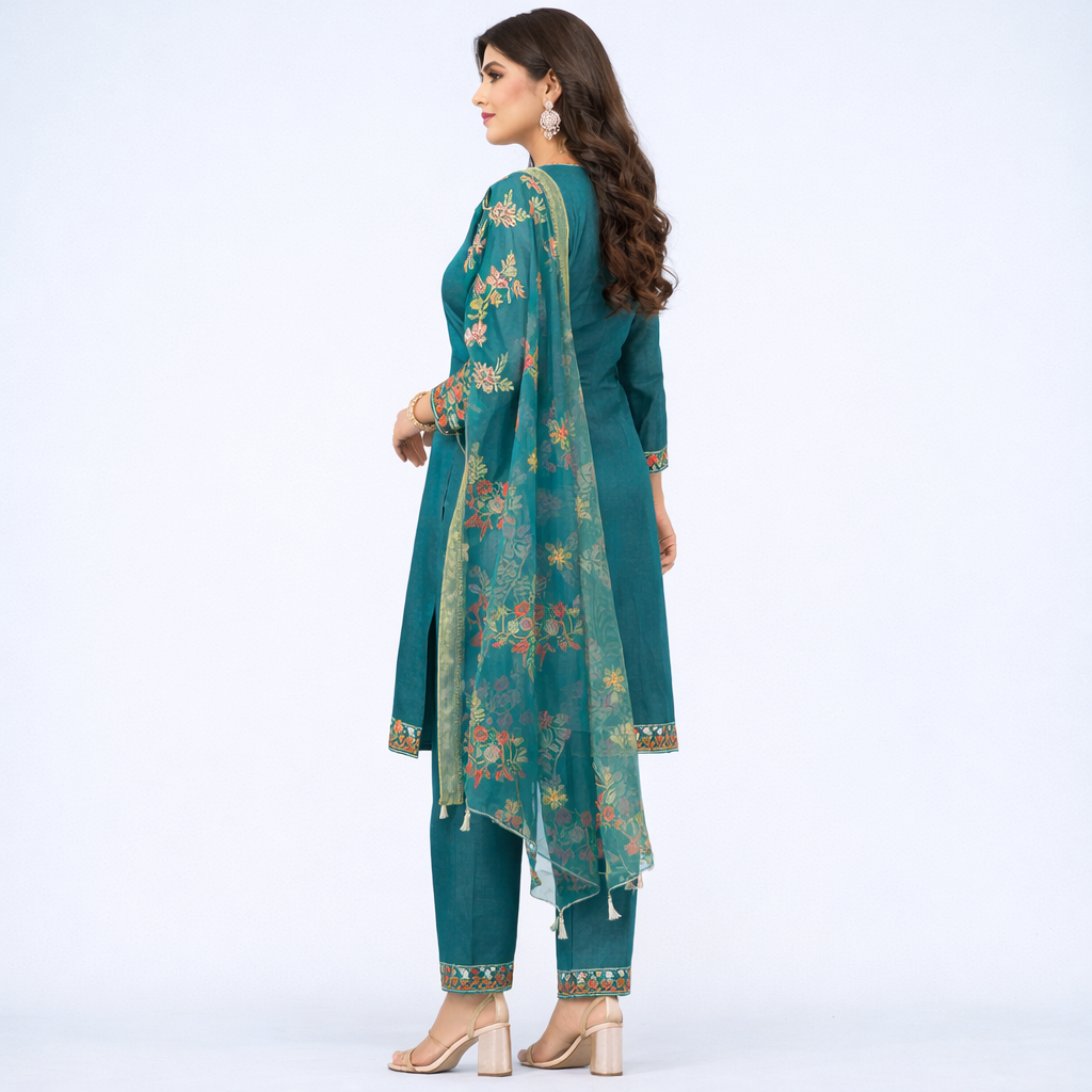Emerald Floral Grace Embroidered Kurta Set with Dupatta