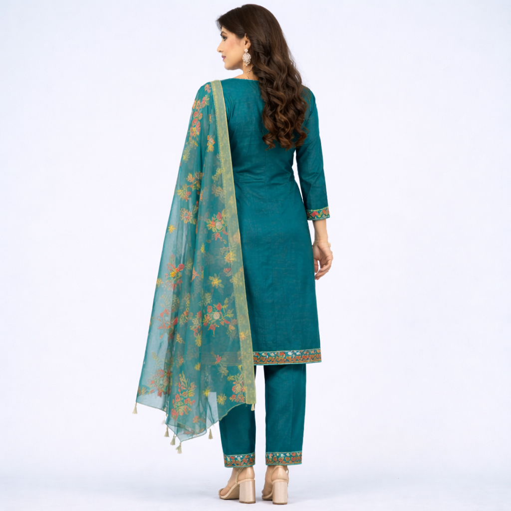Emerald Floral Grace Embroidered Kurta Set with Dupatta
