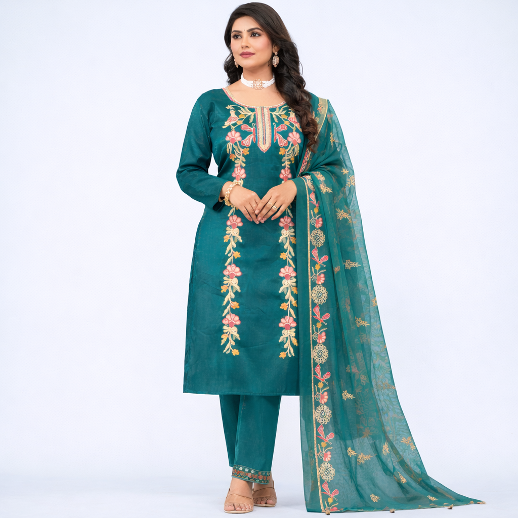 Emerald Floral Grace Embroidered Kurta Set with Dupatta