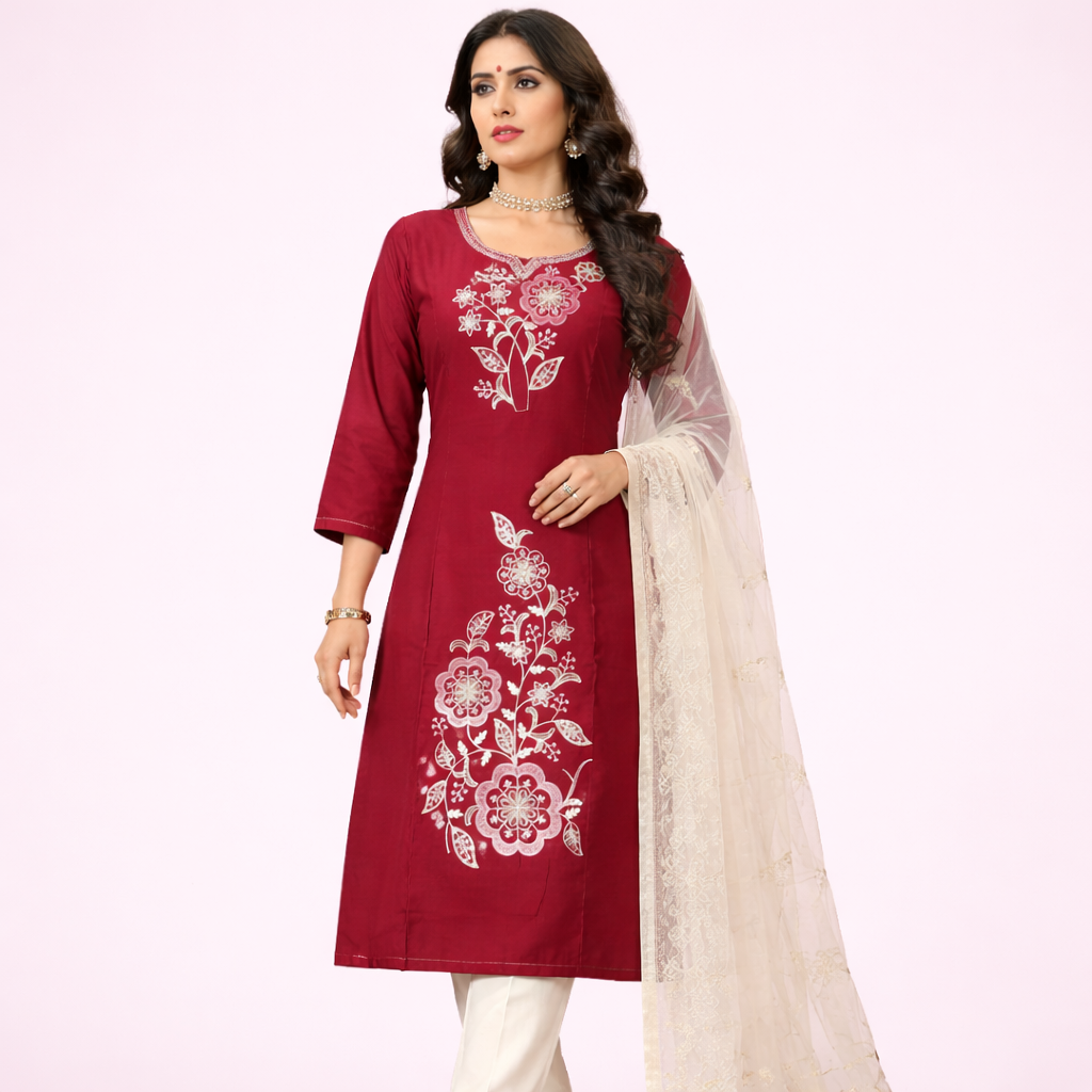 Crimson Floral Elegance Kurta Set